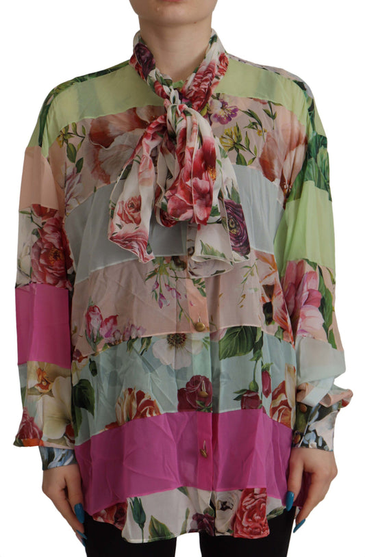 Elegante blusa de seda con patchwork floral