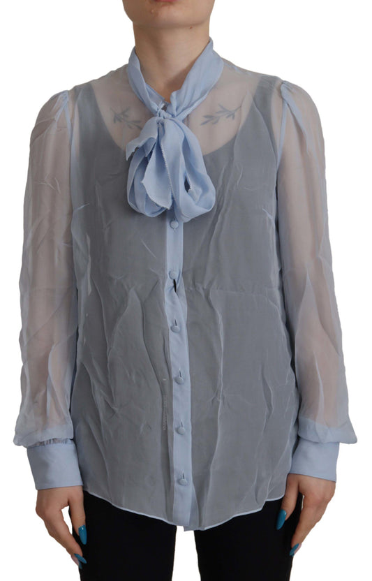 Elegante blusa de seda con cuello Ascot en azul claro