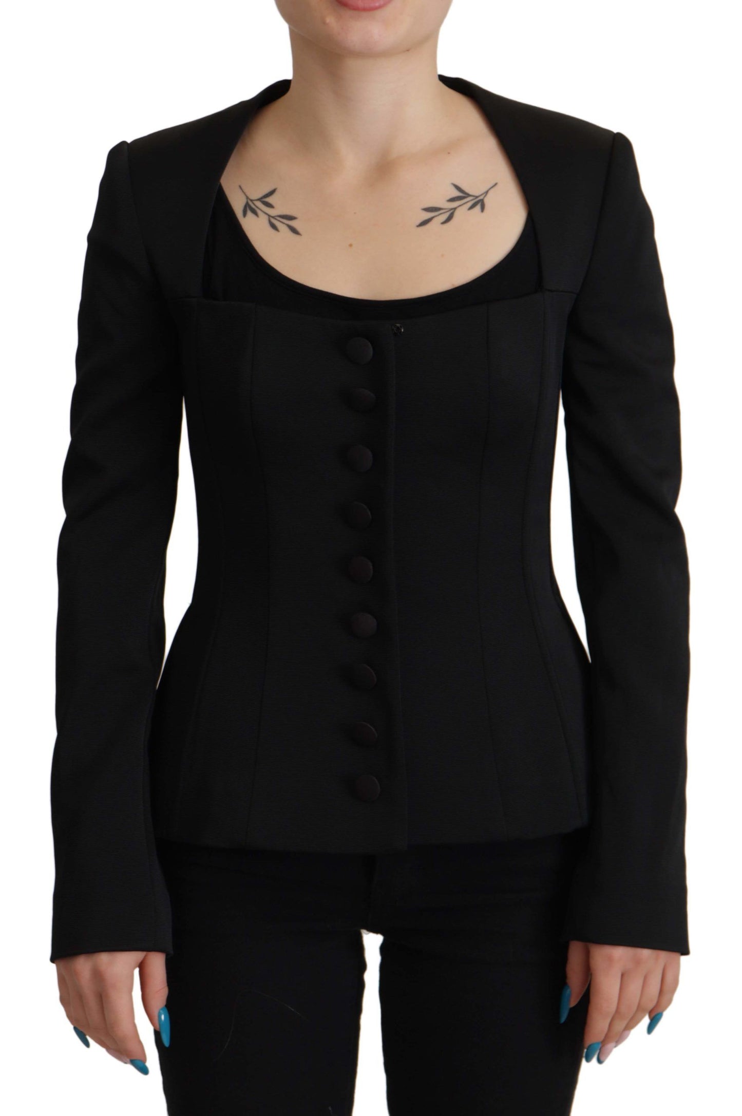 Chaqueta elegante negra con broches y forro de seda
