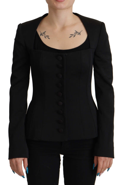 Chaqueta elegante negra con broches y forro de seda