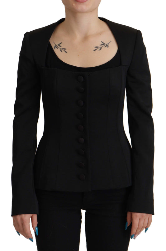 Chaqueta elegante negra con broches y forro de seda