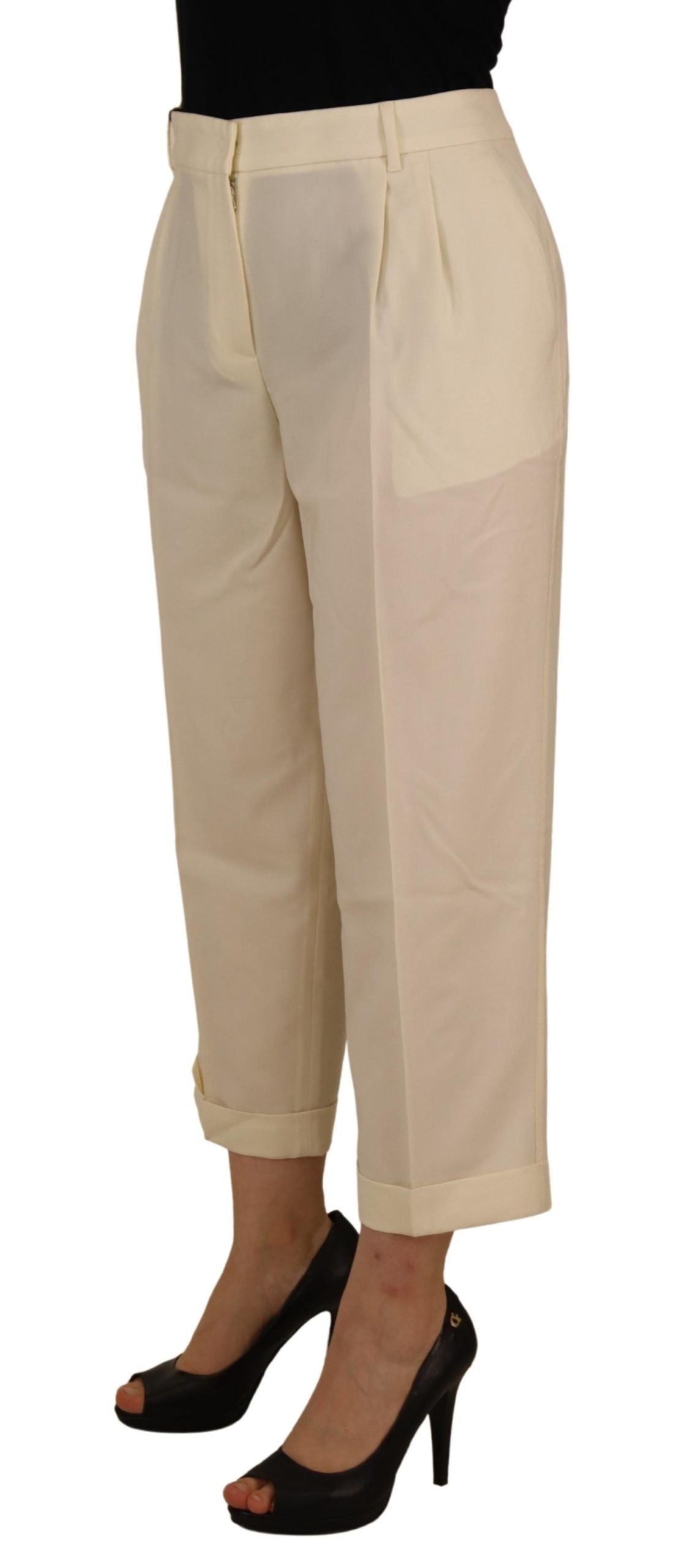 Elegantes pantalones de lana color marfil de cintura alta