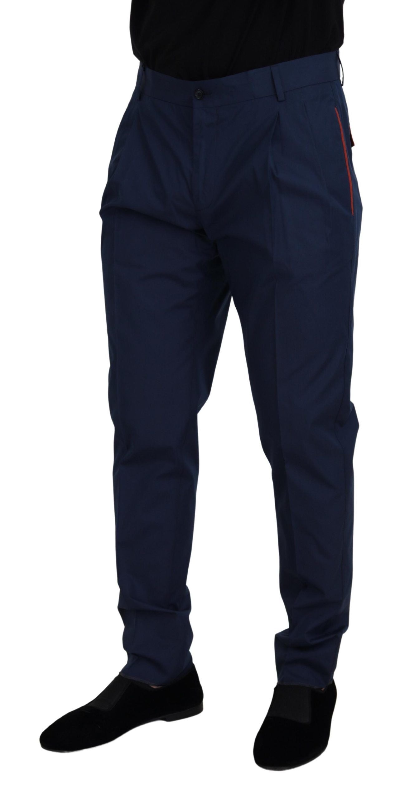 Elegantes pantalones chinos de corte entallado en mezcla de seda azul