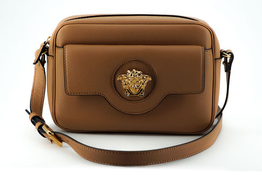 Elegante bolso de hombro de cuero marrón para cámara