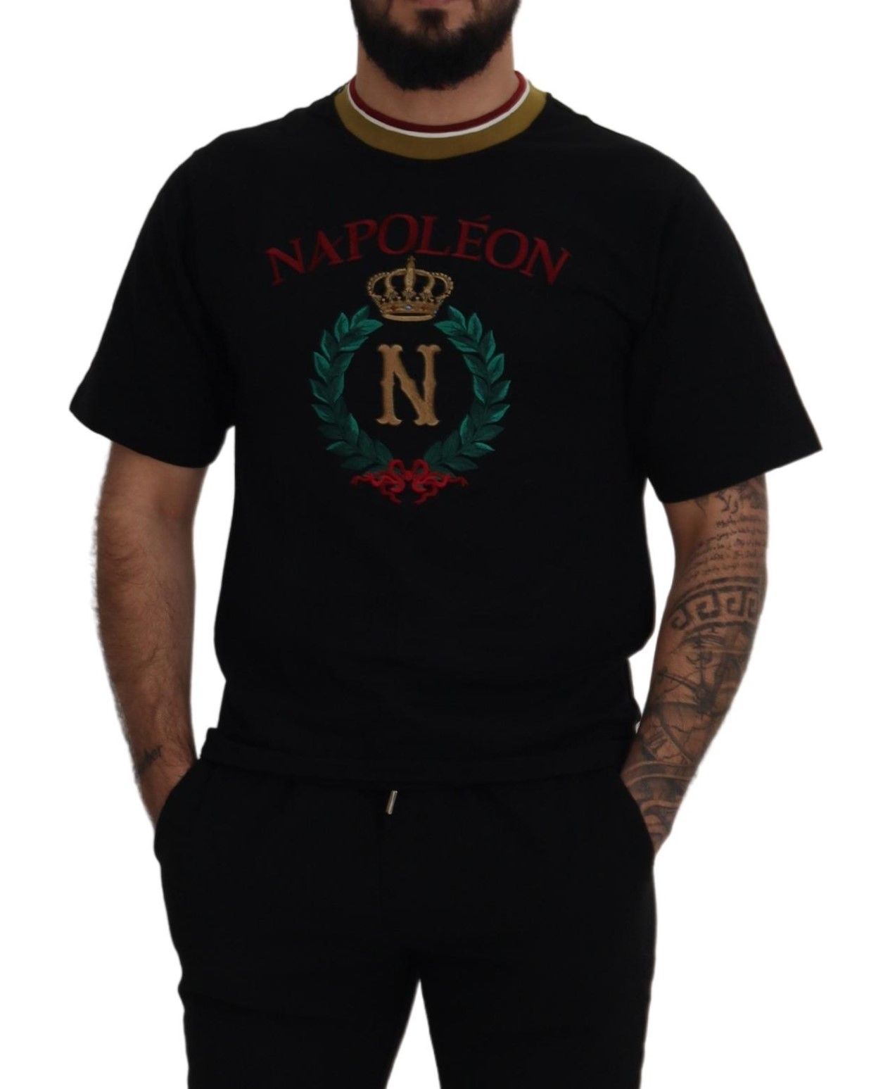 Camiseta icónica de algodón negro con cuello redondo
