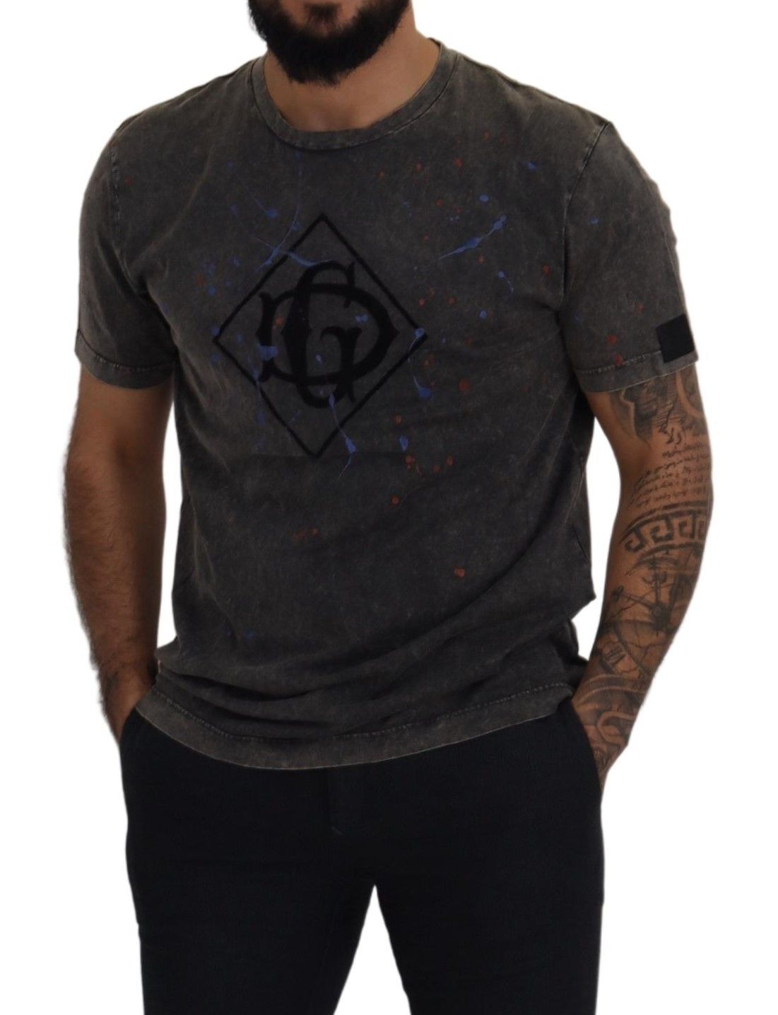 Camiseta de algodón gris con el logotipo de DG descolorido