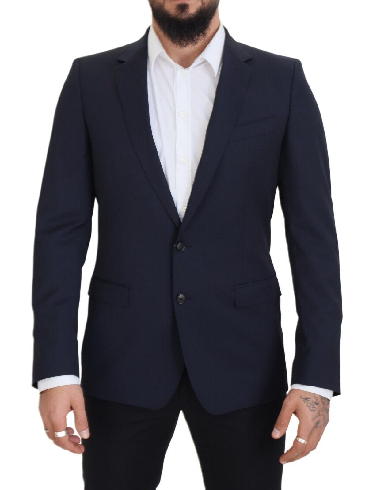 Elegante blazer de lana azul oscuro de corte entallado