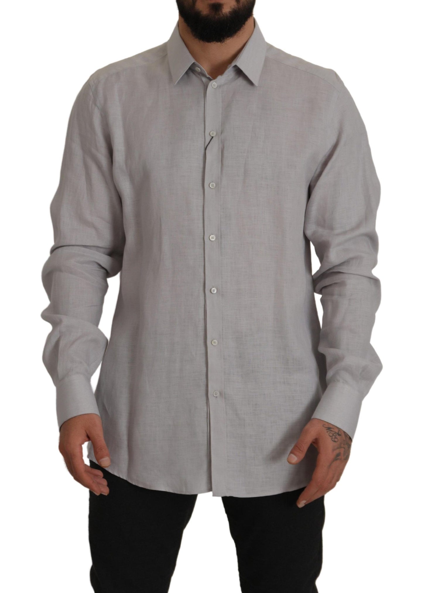 Camisa elegante de lino gris de corte entallado