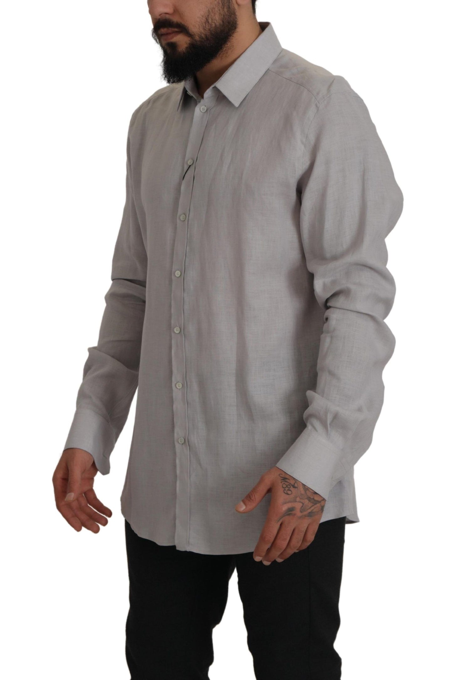 Camisa elegante de lino gris de corte entallado