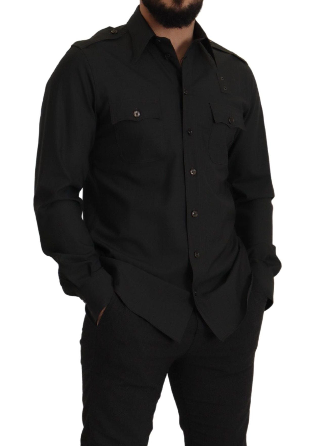 Camisa elegante de algodón verde oscuro de corte entallado