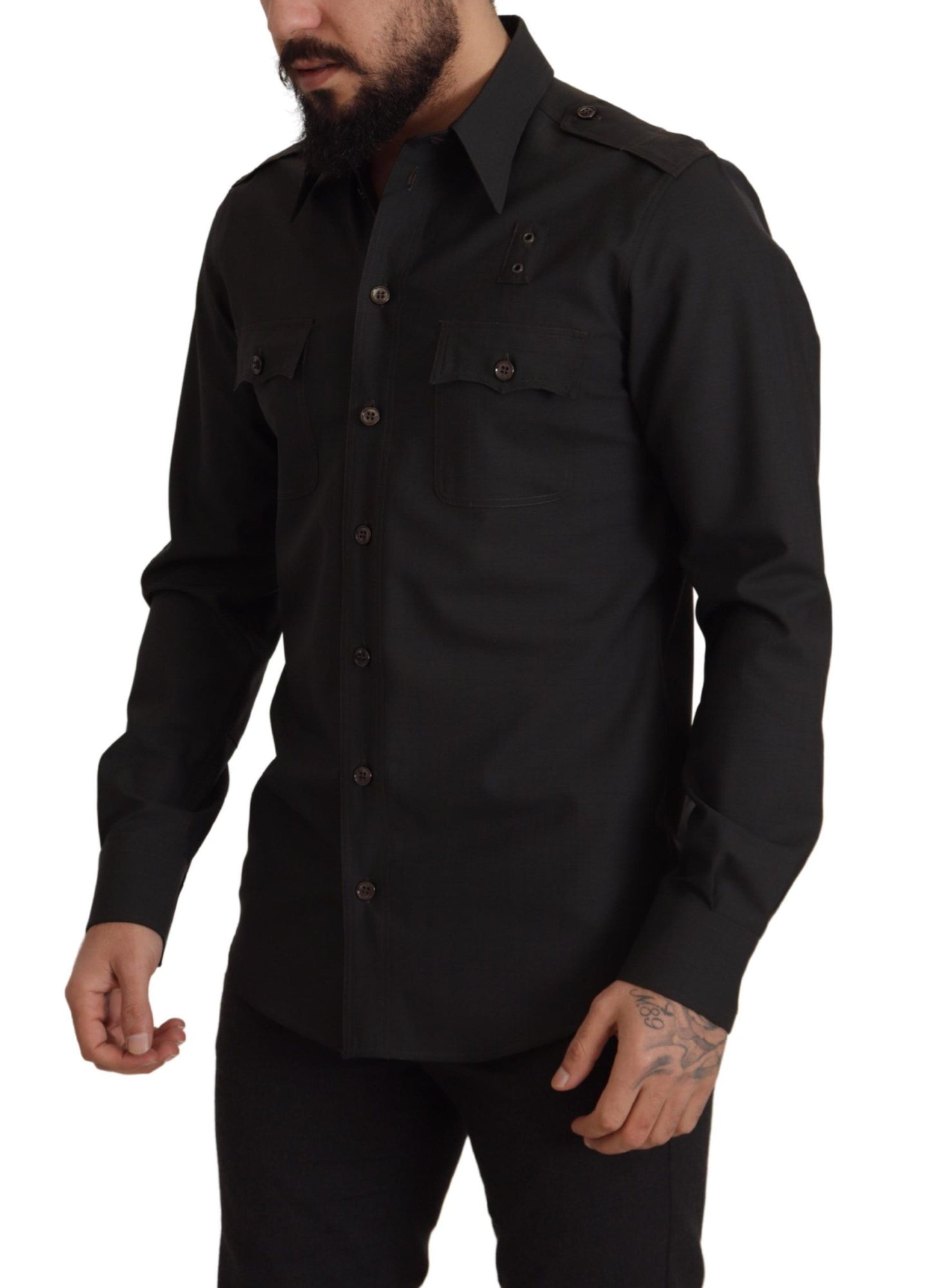 Camisa elegante de algodón verde oscuro de corte entallado