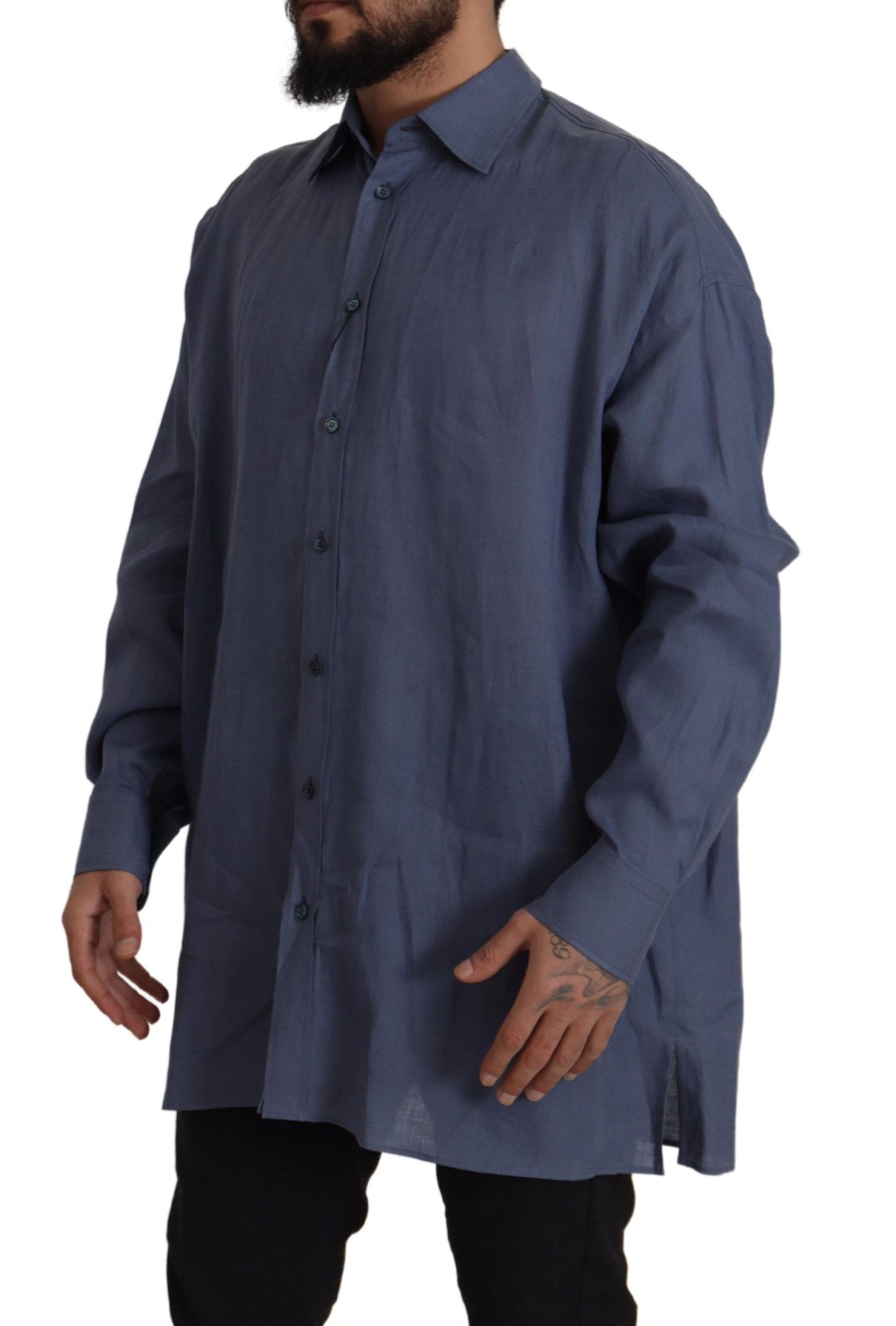 Camisa elegante de lino azul oscuro