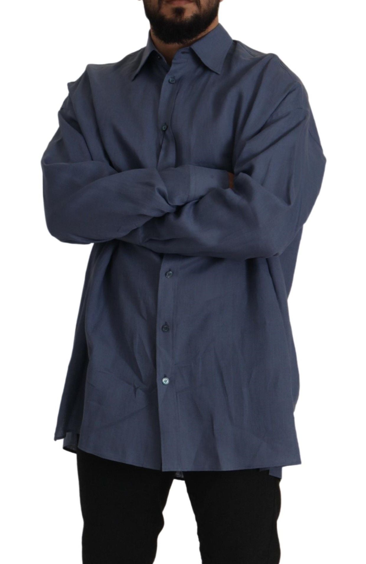 Camisa elegante de lino azul oscuro