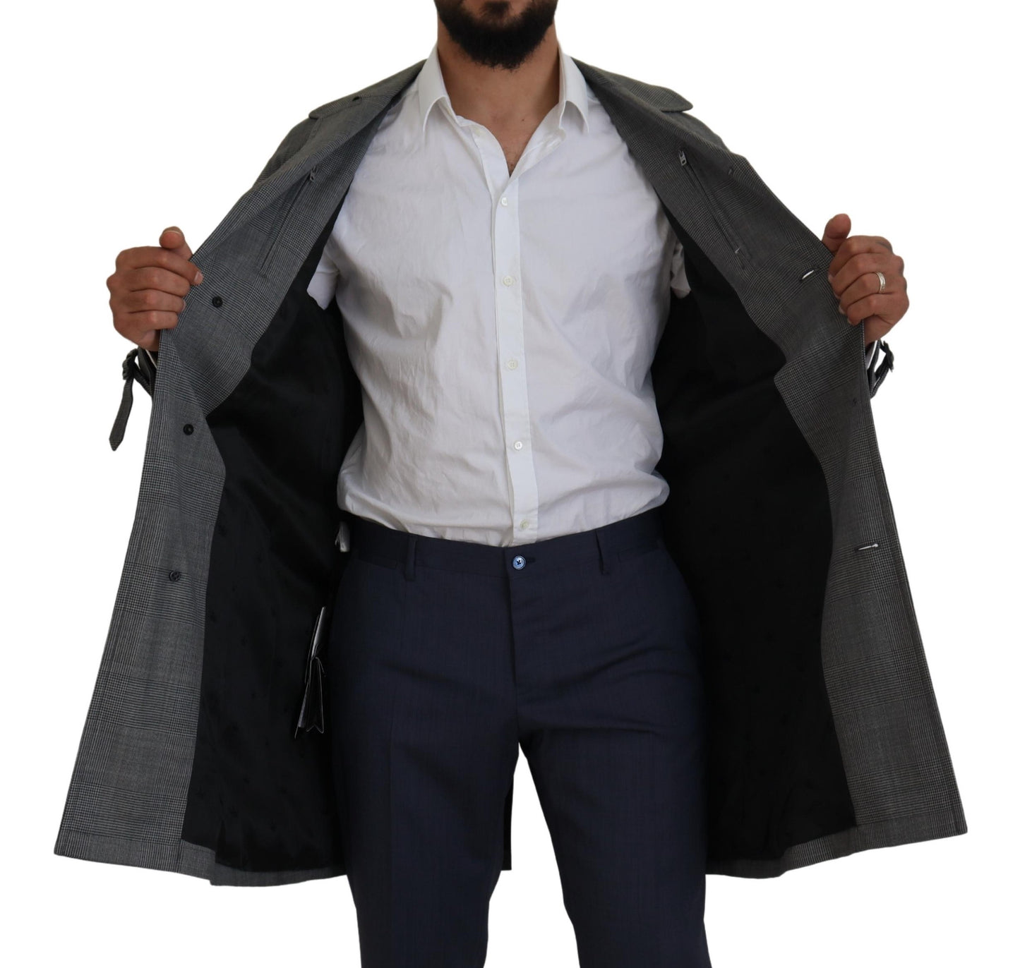 Elegante gabardina a cuadros grises