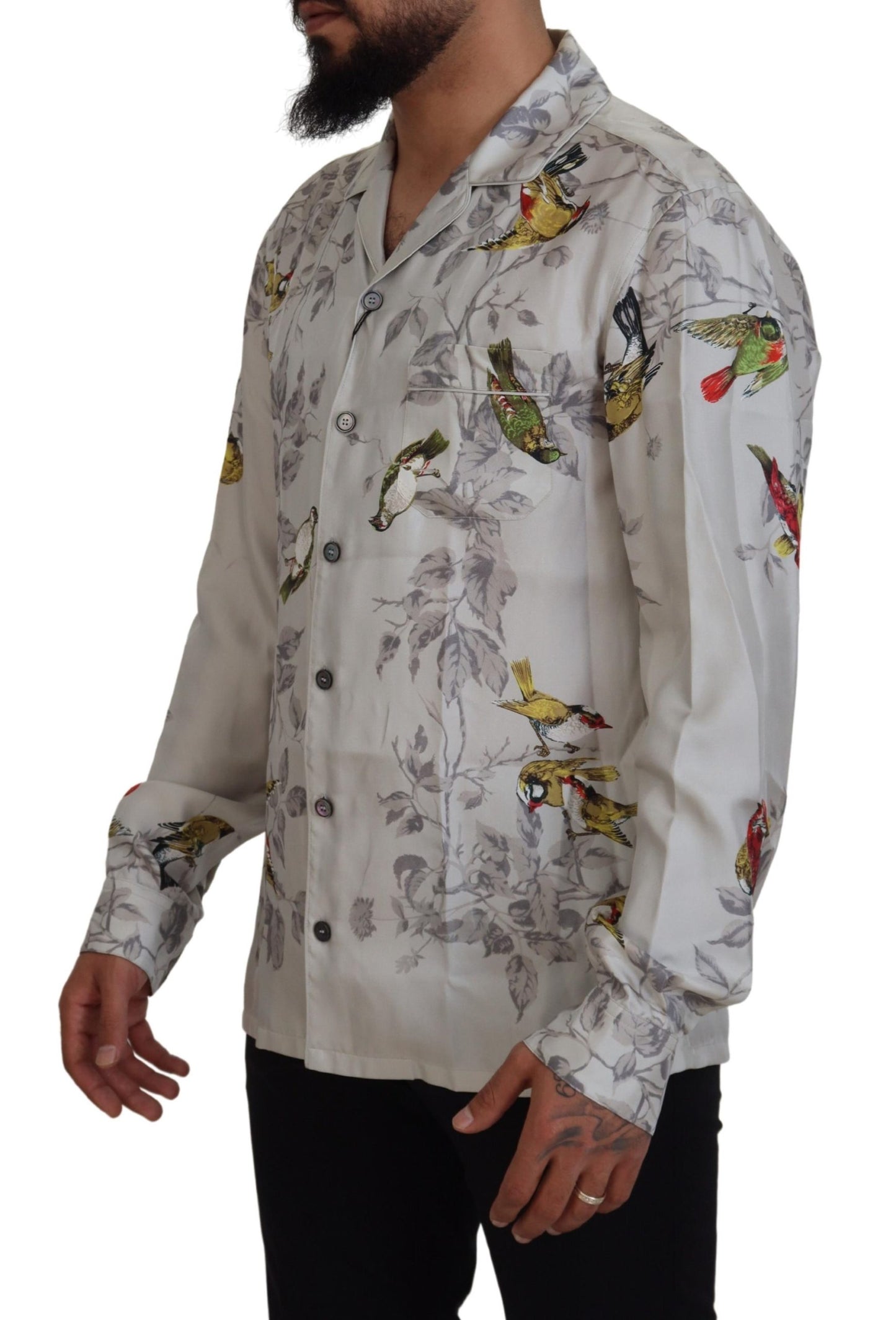 Camisa informal elegante de seda con estampado de pájaros