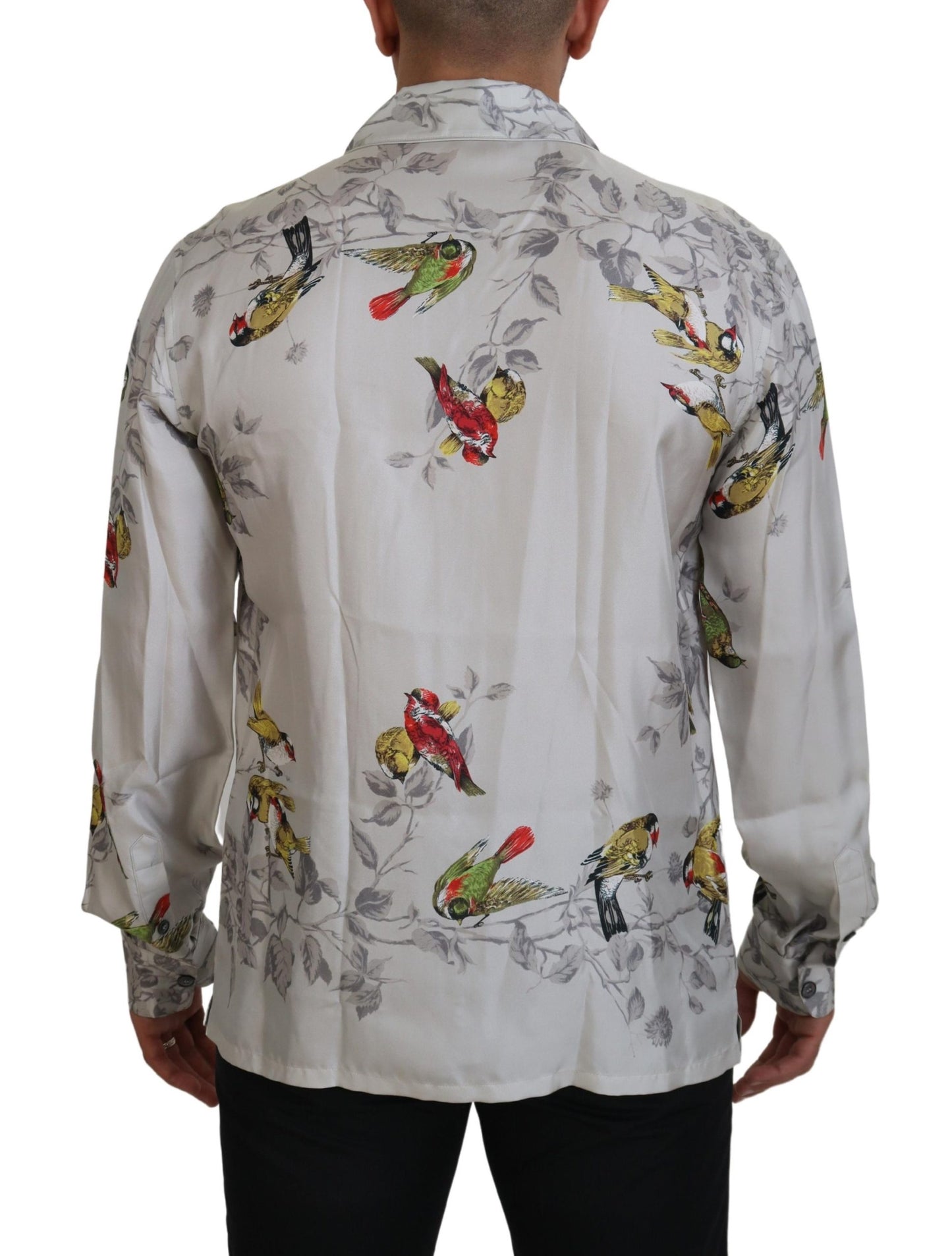 Camisa informal elegante de seda con estampado de pájaros