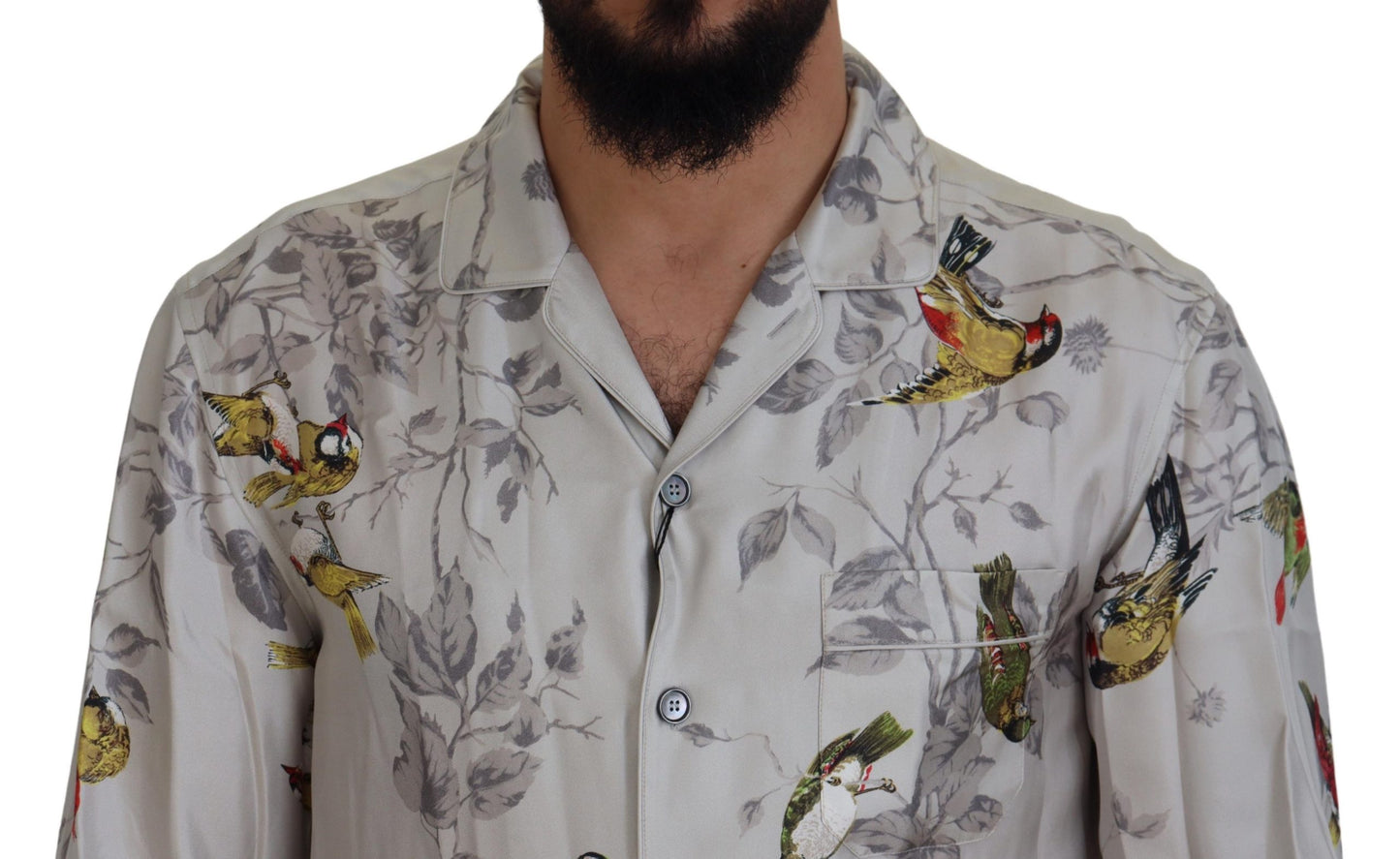 Camisa informal elegante de seda con estampado de pájaros