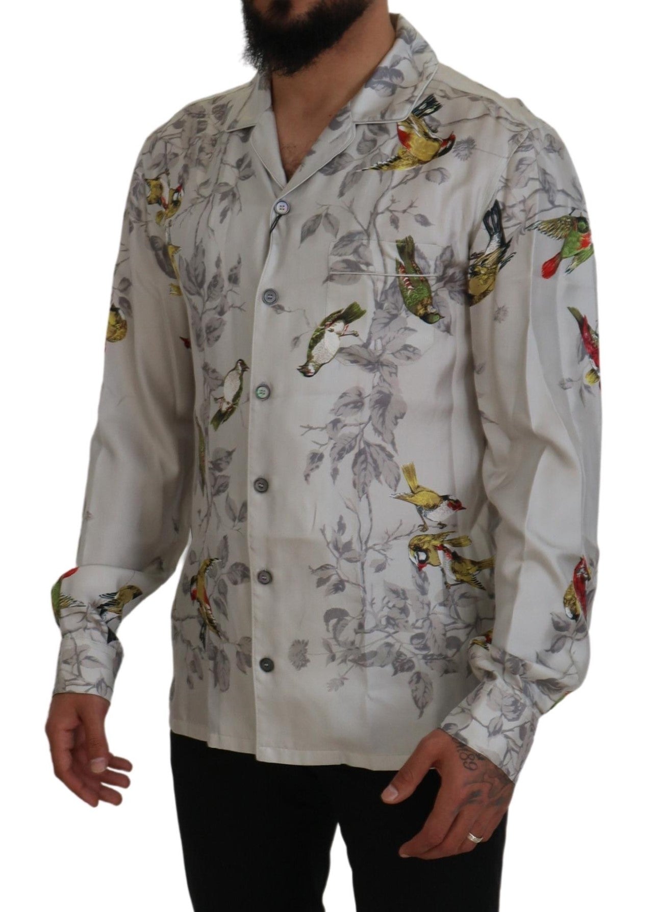 Camisa informal elegante de seda con estampado de pájaros