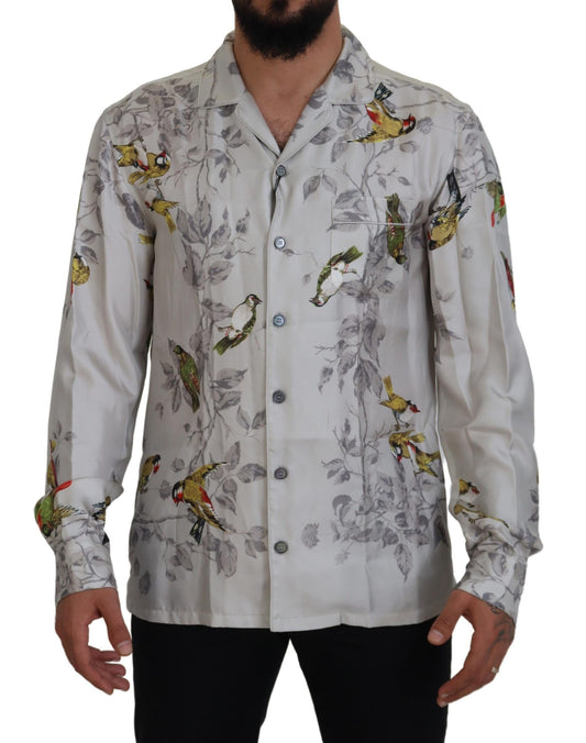 Camisa informal elegante de seda con estampado de pájaros