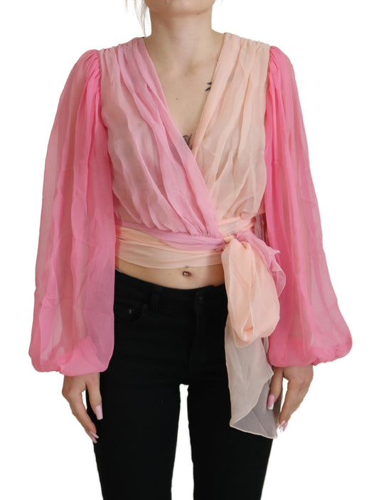 Blusa cruzada de seda con escote en V en color rosa