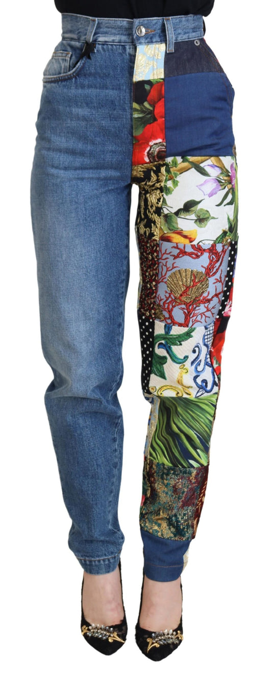 Vaqueros de lujo de mezclilla azul con patchwork jacquard