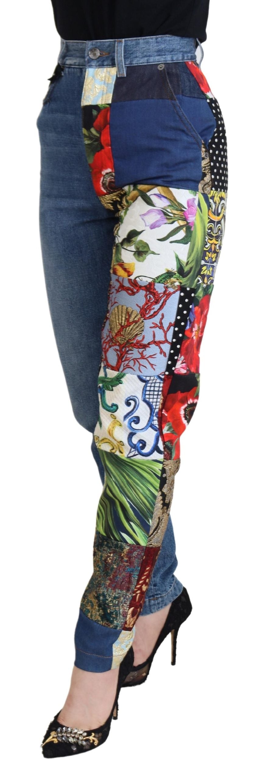 Vaqueros de lujo de mezclilla azul con patchwork jacquard