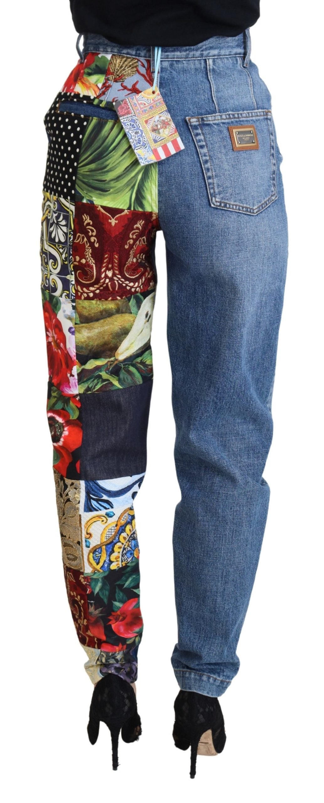 Vaqueros de lujo de mezclilla azul con patchwork jacquard