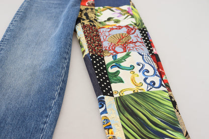 Vaqueros de lujo de mezclilla azul con patchwork jacquard