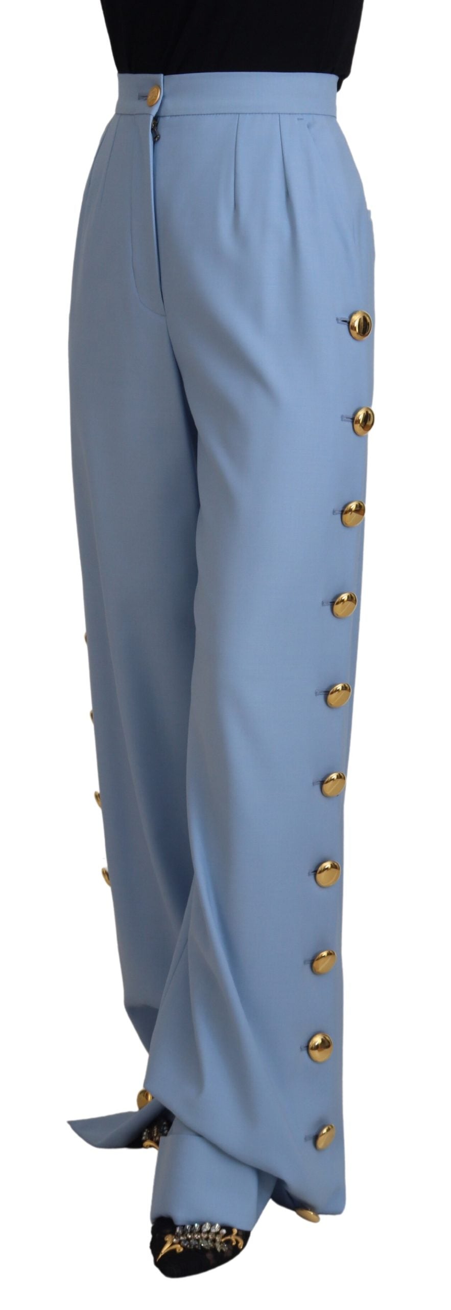 Pantalones elegantes de mezcla de lana y seda azul claro