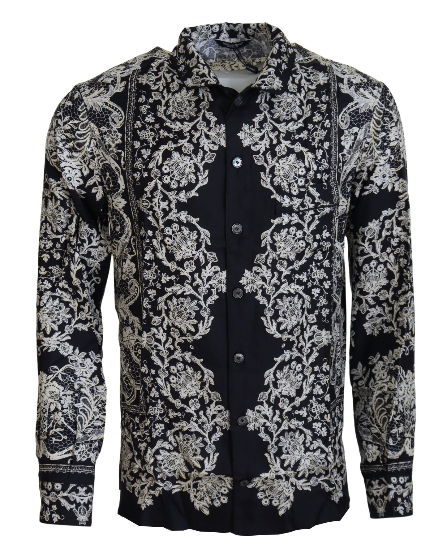 Camisa elegante de satén con estampado floral barroco