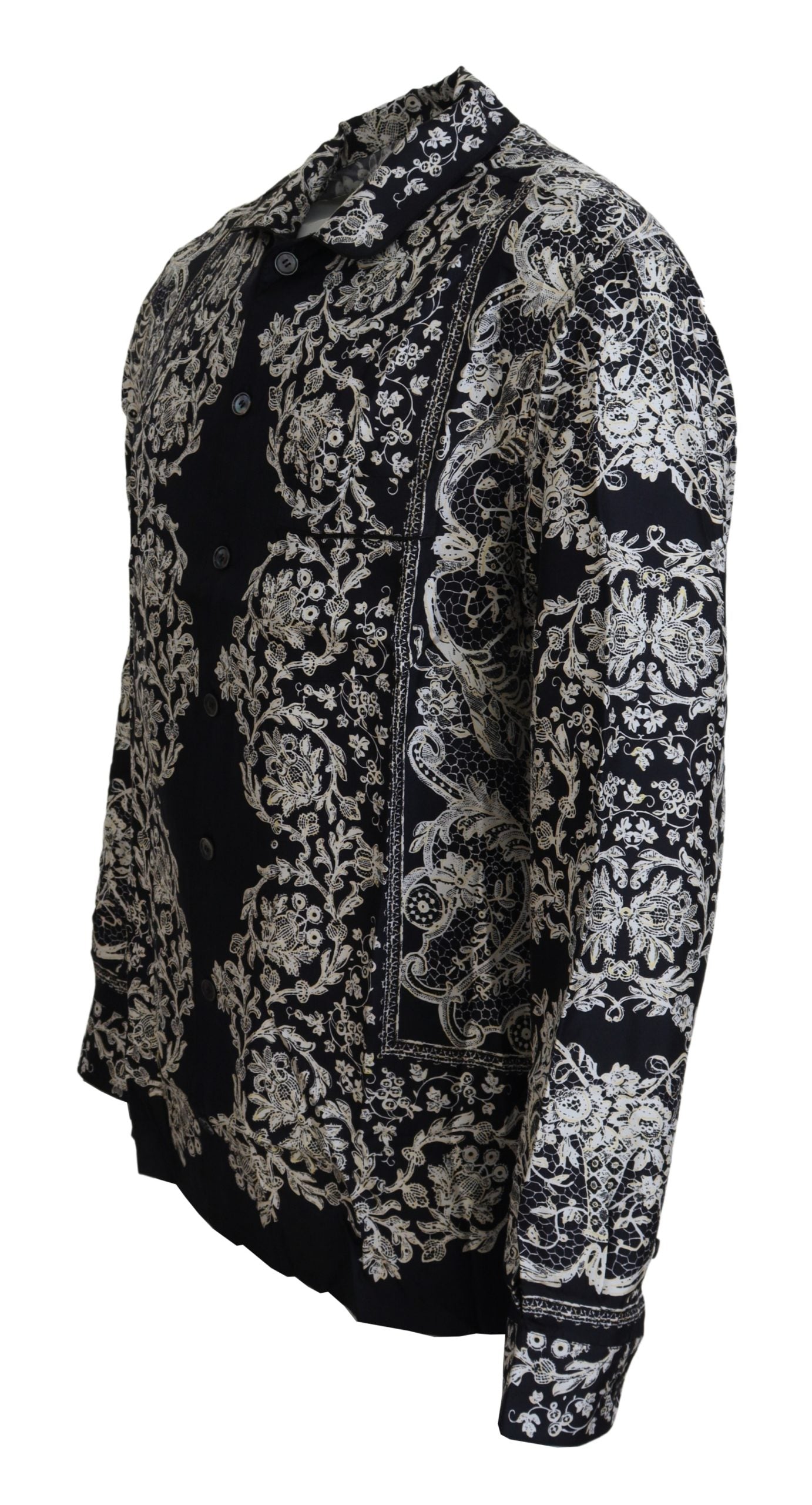 Camisa elegante de satén con estampado floral barroco