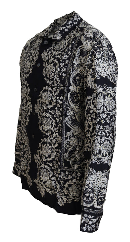 Camisa elegante de satén con estampado floral barroco