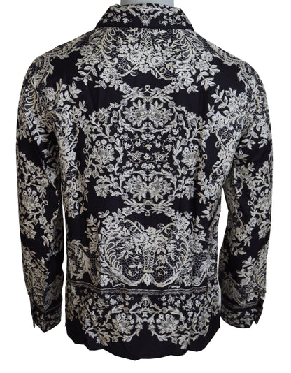 Camisa elegante de satén con estampado floral barroco