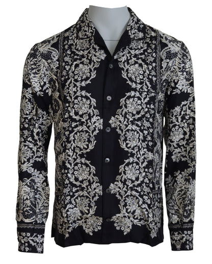 Camisa elegante de satén con estampado floral barroco