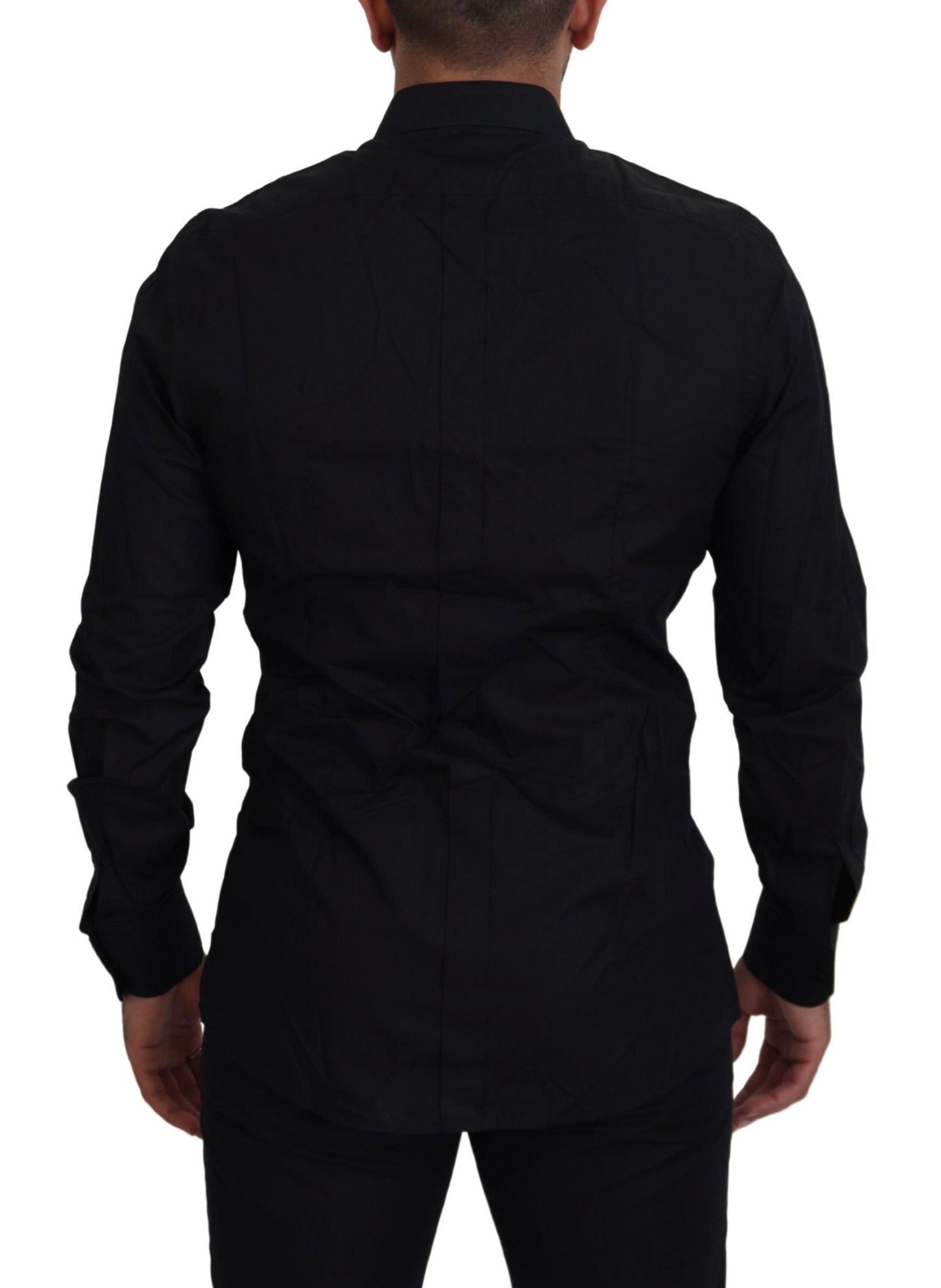 Camisa de vestir elegante negra de corte entallado con bordado de corona