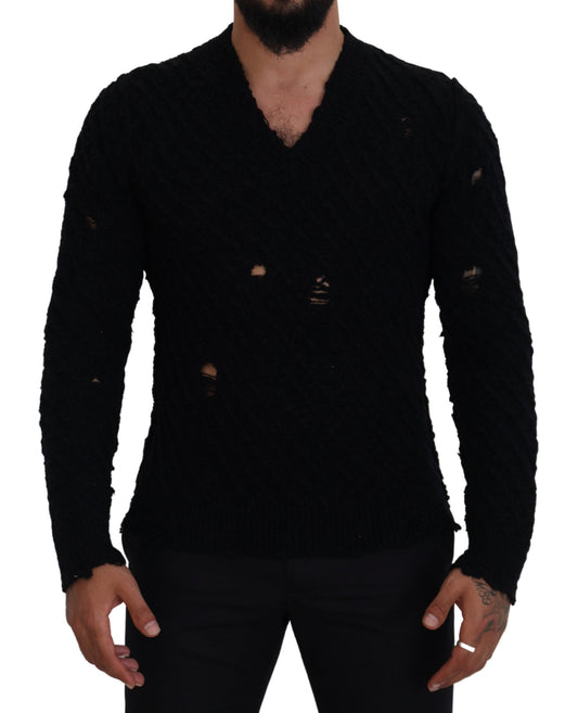 Suéter elegante de cuello en V en mezcla de lana negra