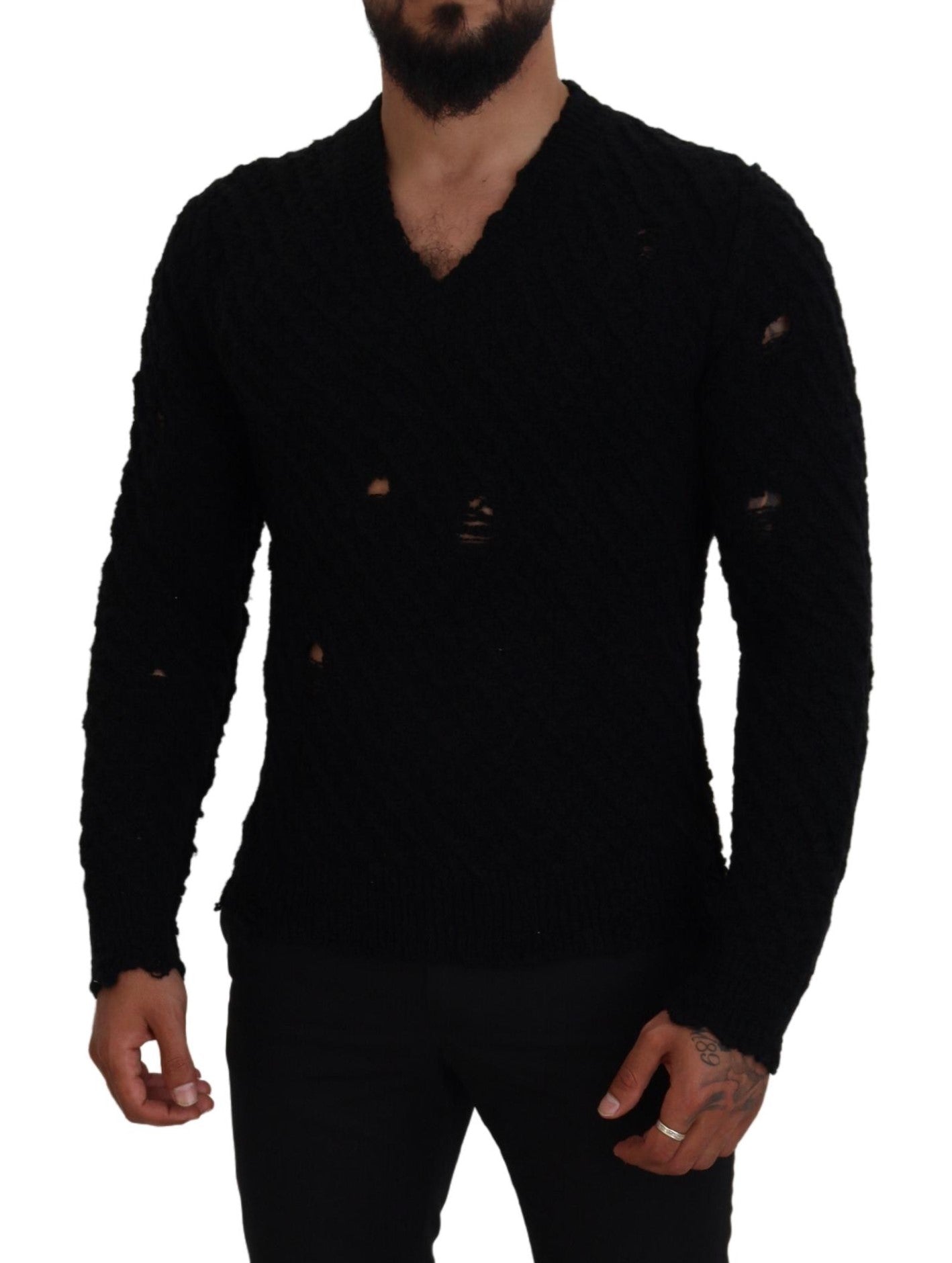 Suéter elegante de cuello en V en mezcla de lana negra