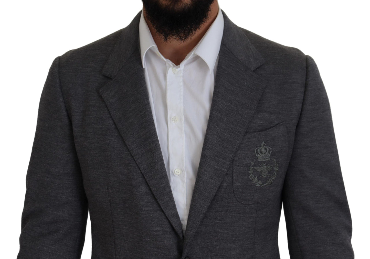 Elegante blazer de lana gris con bordado de corona de abeja
