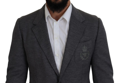 Elegante blazer de lana gris con bordado de corona de abeja