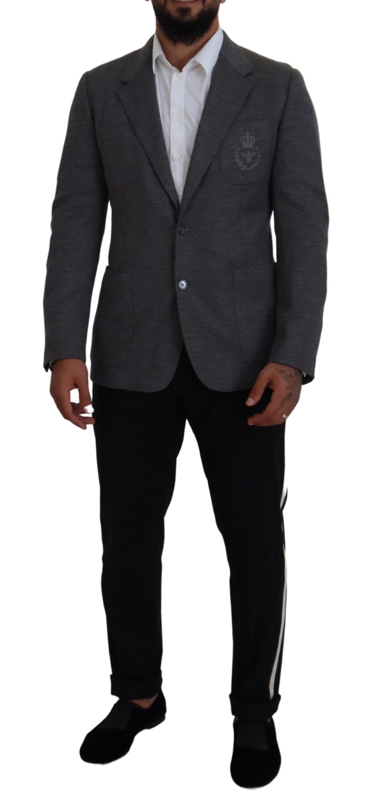 Elegante blazer de lana gris con bordado de corona de abeja