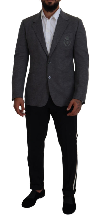 Elegante blazer de lana gris con bordado de corona de abeja