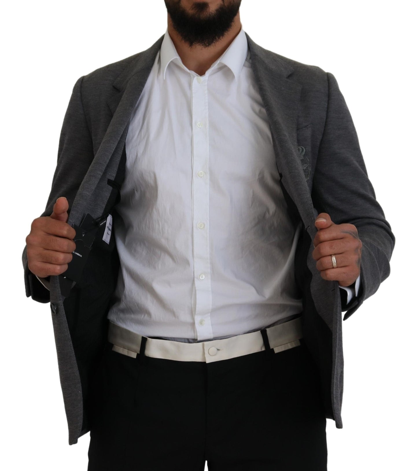 Elegante blazer de lana gris con bordado de corona de abeja