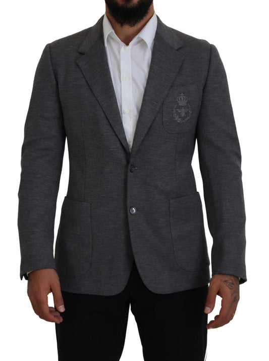 Elegante blazer de lana gris con bordado de corona de abeja
