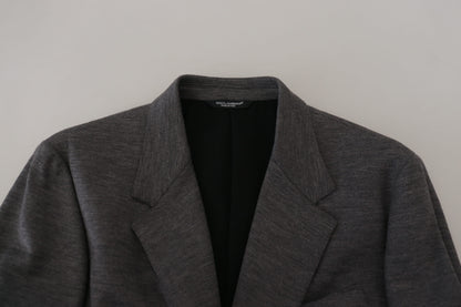Elegante blazer de lana gris con bordado de corona de abeja