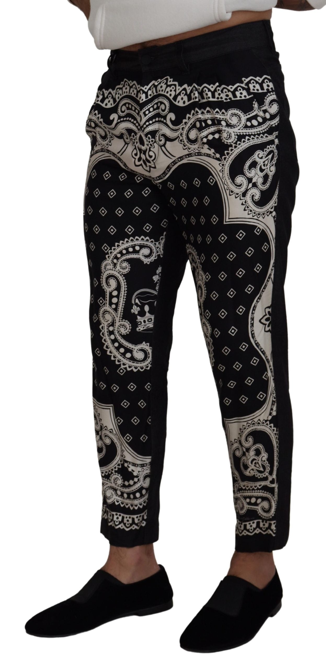 Pantalones elegantes de seda y algodón con estampado de bandana