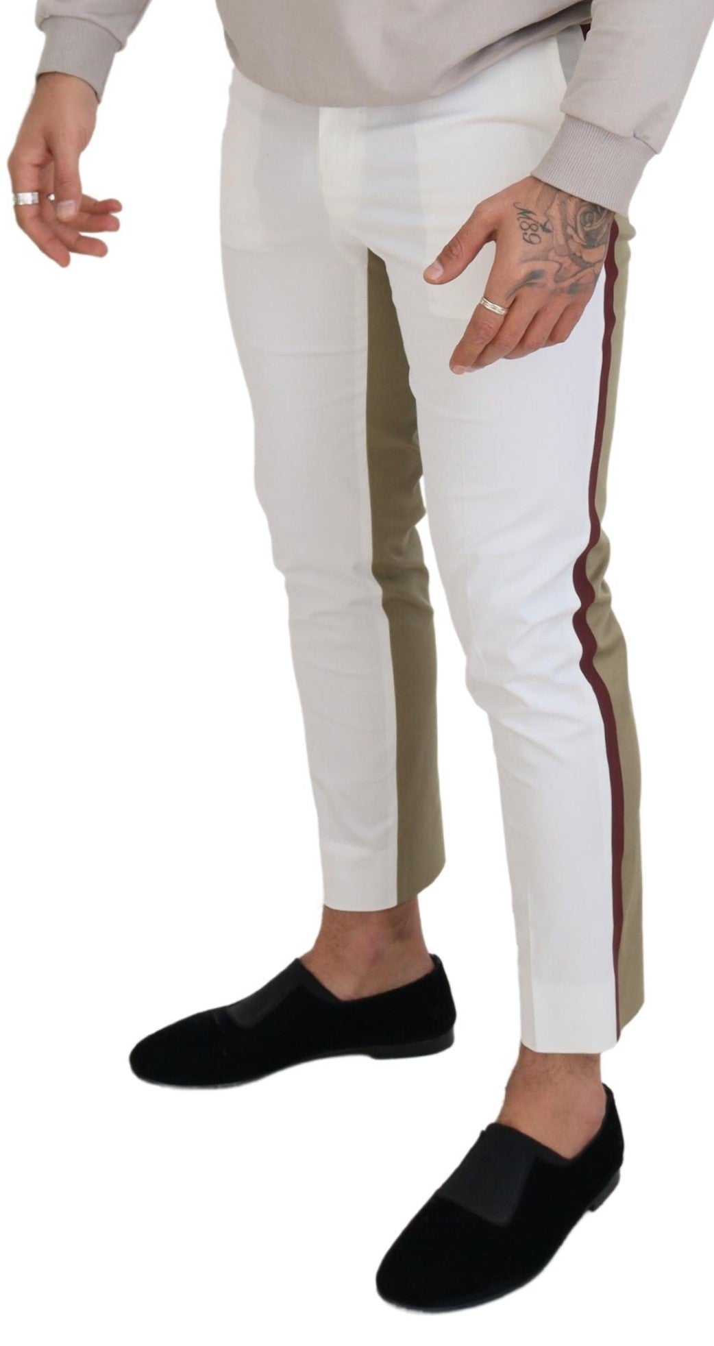 Pantalones elegantes de algodón en dos tonos blanco y marrón