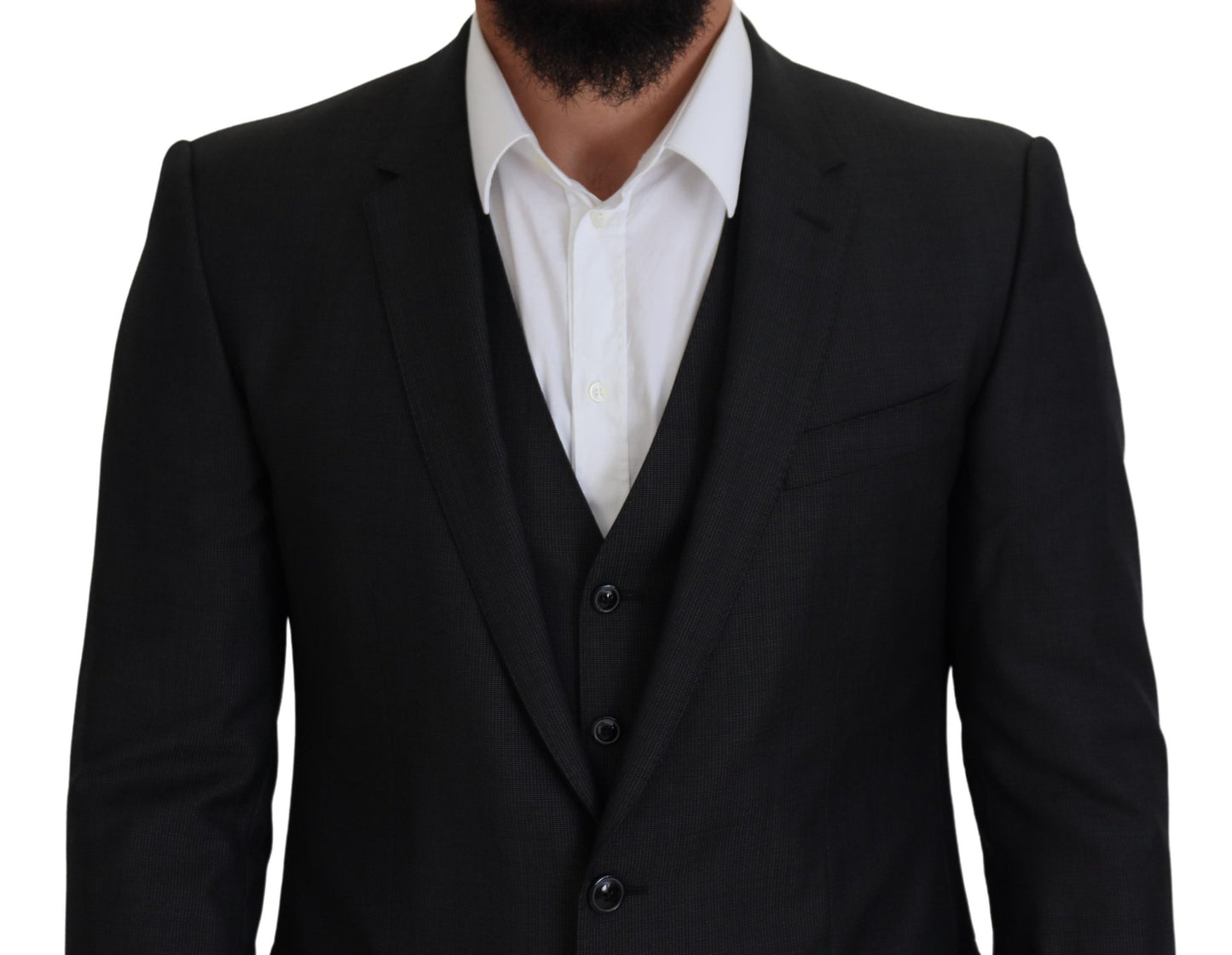 Elegante traje de tres piezas de lana y seda color gris Martini