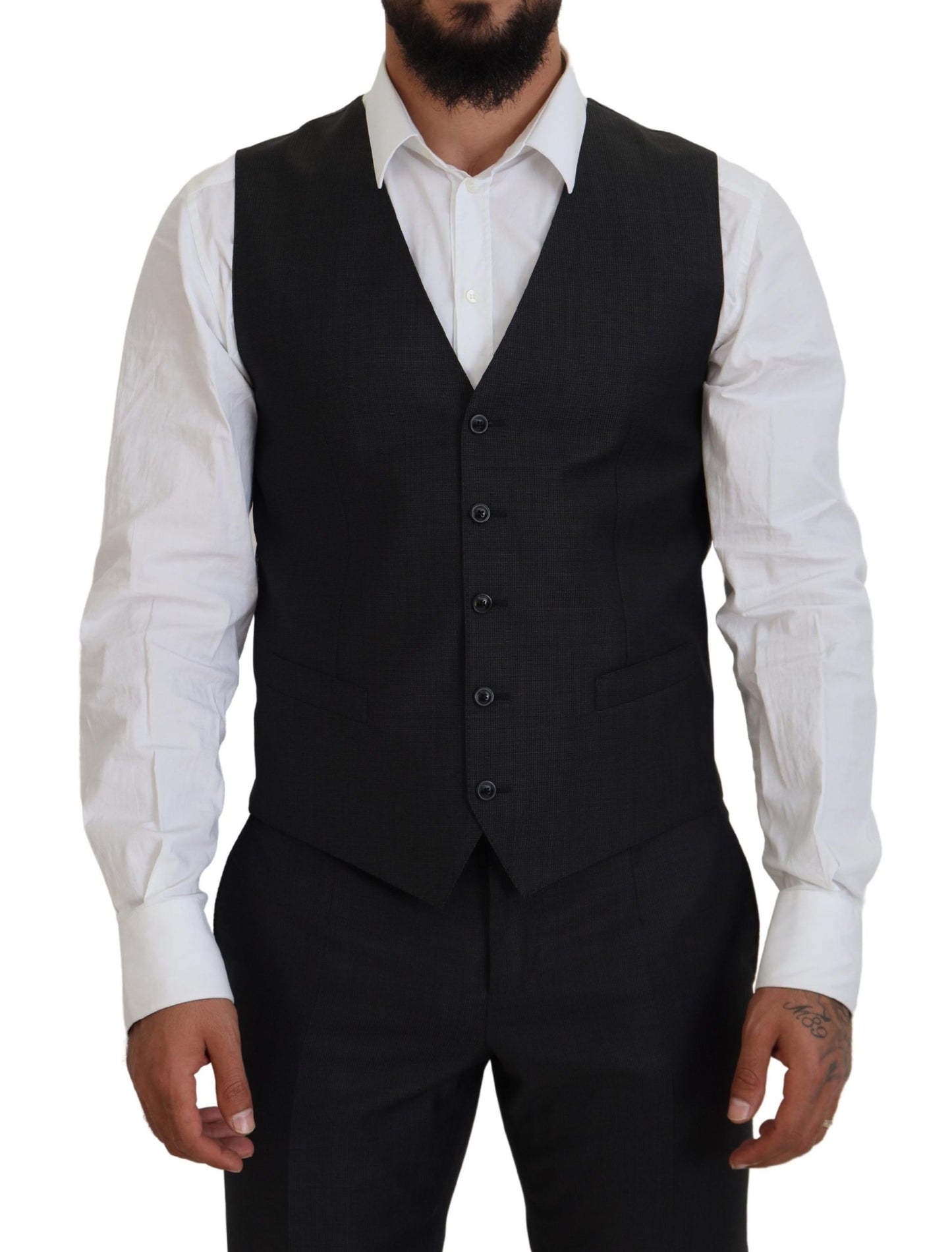Elegante traje de tres piezas de lana y seda color gris Martini