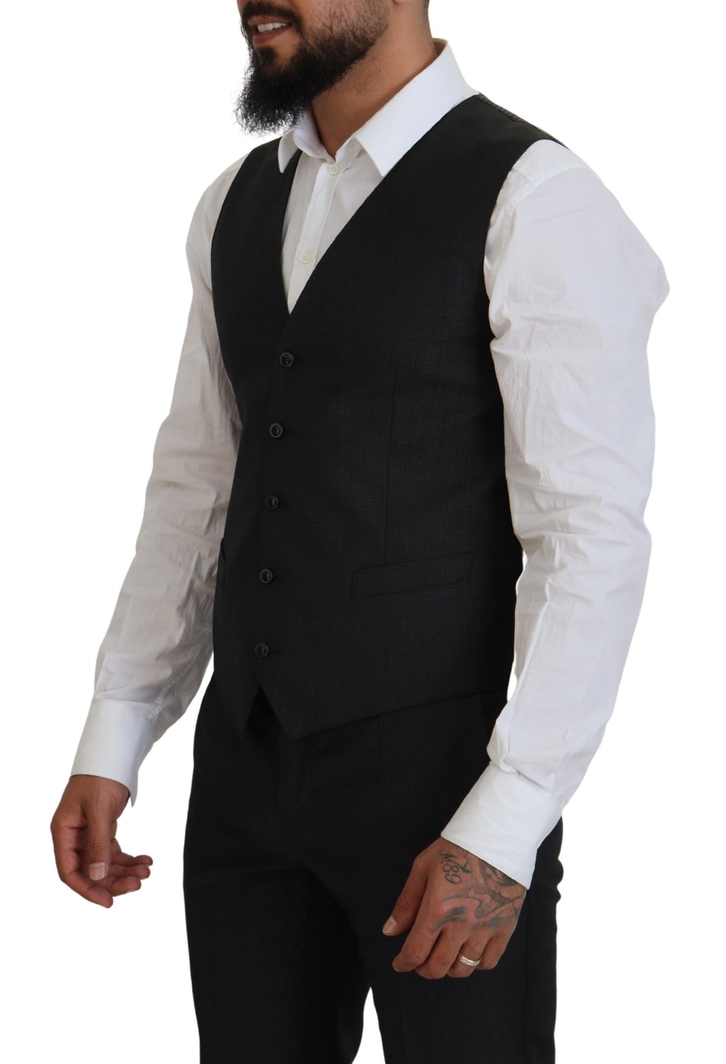 Elegante traje de tres piezas de lana y seda color gris Martini