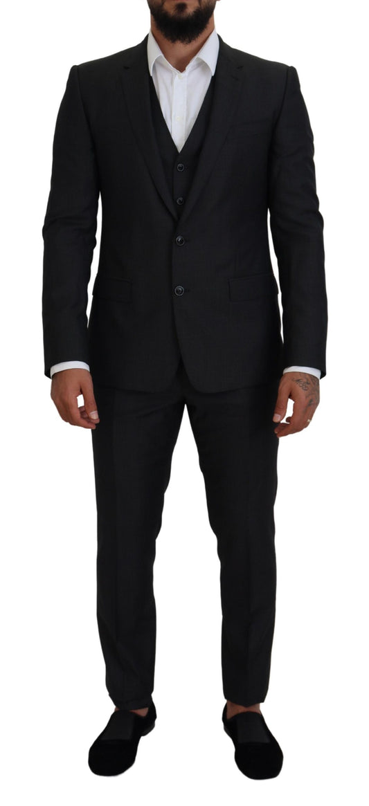 Elegante traje de tres piezas de lana y seda color gris Martini